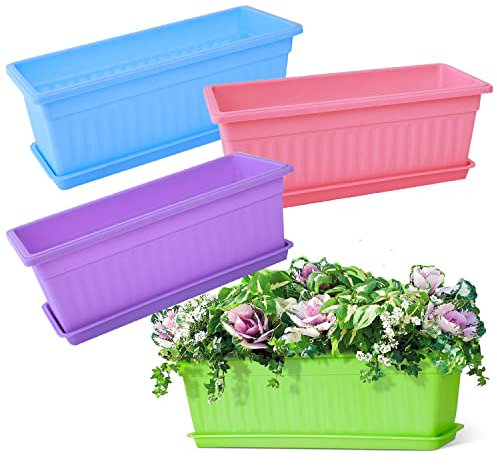 BSTMOME Confezione da 4 vasi rettangolari per fiori da finestra, in plastica, con vassoio, per davanzale, patio, giardino, casa, portico, balcone, 4 colori