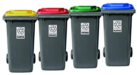 Eplastic Set 4 bidoni porta rifiuti - capacità 120 litri - bicolor con fondo grigio e coperchi colorati (blu, giallo, rosso e verde) per raccolta differenziata