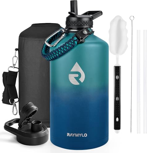 RAYMYLO Gallon Water Bottle Insulated, Triple Wall Vacuum Stainless Steel | 3.8L Leak Proof Metal Water Flask Jug with Straw & Spout Lids for Sports and Travel, BPA-Free,Cold for 48 Hrs, Hot for 24 Hrs