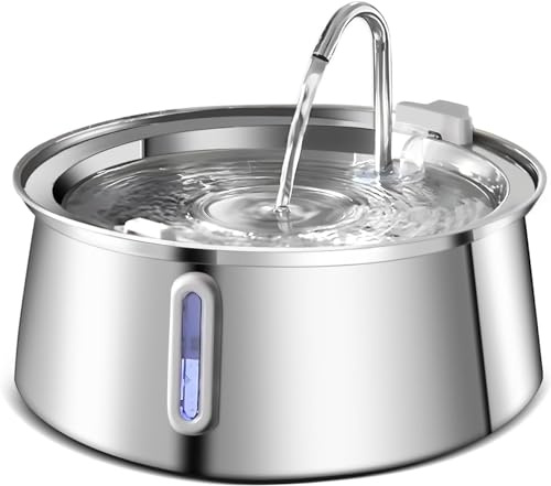4L automatisk husdjursfontän i rostfritt stål med LED-ljus, ultratyst pump för flera husdjur – vattennivåfönster för katter och hundar