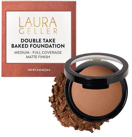 LAURA GELLER NEW YORK Baked Double Take Powder Foundation (Toffee) langanhaltende, vollständig deckende Grundierung mit atmungsaktivem, mattem Finish, nie backend, angereichert mit