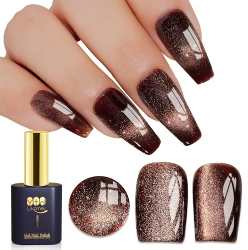 YTD Likomey Cat Eye UV Gellack Nagellack Gel,15ml Katzenauge Braun 9D Holographisch Transluzent Neutral Gelee Scher Glänzend Magnetisch Glitzer Nagelgel mit Magnetstift, MY386