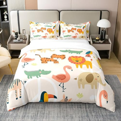 Kawaii Tier 100% Baumwolle Bettbezug für Mädchen,Cartoon Lion Giraffe Krokodil Bettwäsche Set 155x220,Natur Dschungel Wildlife Tröster Abdeckung Nette Waldtiere Bett Sets mit 1 Kissenbezug