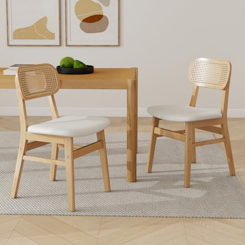 chairus 2er Set PU Leder Esszimmerstühle für Küchen Rattan Akzentstühle für Esszimmer Polsterstuhl mit Massivholzbeinen für Wohnzimmer (Weiß-2)