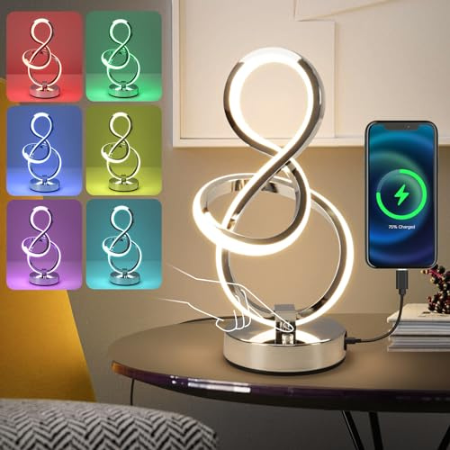 EIDEARAY RGB Nachttischlampe LED,Touch Control Dimmbare Lampe mit 6 Farbwechsel und 3 Stufen Warmweiß, Moderne Tischleuchte mit USB Anschlüssen, Nachtlicht für Schlafzimmer, Büro, Wohnzimmer(Silber)