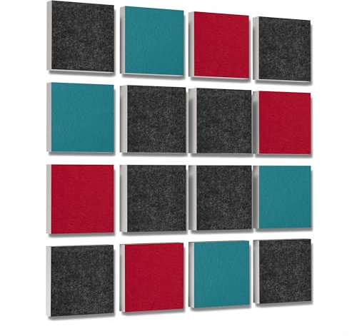 platino24 Akustikpaneele 16 Elemente 3D-Set Colore Quadrat 27,5 x 27,5 cm Multicolore I Schallabsorber aus Basotect G+ mit Akustikfilz I Schalldämmung Wand & Decke I Akustikelemente Wandpaneel