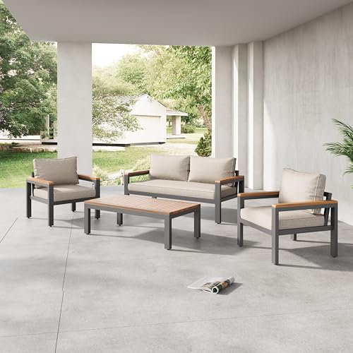 YESGIGA Loungeset, Gartenmöbel-Set mit Rahmen aus verzinktem Stahl, (breites Set, 4-teiliges Esstisch-Set, 1x 2-Sitzer-Sofa, 2X Einzelstühle, 1x Tisch), Akazienholz Tischplatte und Armlehnen (Beige)