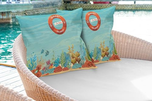 ABAKUHAUS Marine Kissenbezug 2er-Pack, Rettungsring über Korallenriff-Meer tropischer Ozean sprudelt Strand Mystic Subaquatic, 50 x 50 cm, Pale Blau Orange