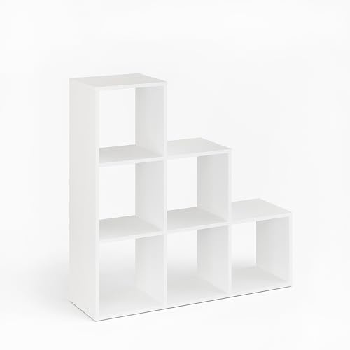 KOMTO Treppenregal Stufenregal - Raumteiler Regal Bücherregal mit 6 Fächern 30x30 cm Würfelregal | Bookshelf Weiß Vexo