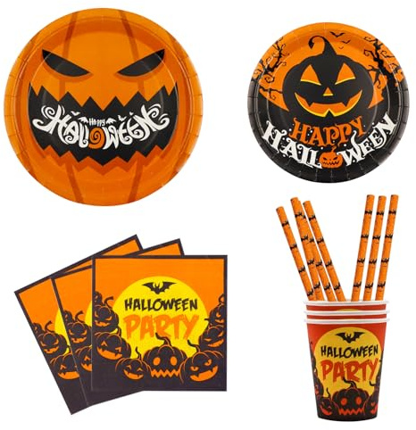 Eledreme Helloween Geschirr Set,10 Sätze kürbis deko Halloween tischdeko, Inklusive Helloween pappteller, pappbecher Halloween servietten, strohhalme,für HelloweenParty Deko