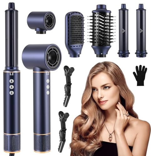 Magic Styler 5 in 1, 130000 RPM High-Speed Negative Ionic Hair Dryer, 200 Million Ioni Negative Hot Air Brush, Intelligent Heat Control, for Hair Styling, Drying, Volumizing, and Curling, Blue-Gold