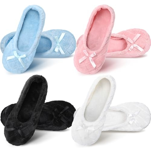Geyoga 4 Pairs Women's Ballerina House Slippers with Satin Bow Tie Non Slip Bedroom Slippers Socks Warm Ballet Style Slippers for Indoor Home Christmas Birthday Gifts, 4 colors, Black, Blue, White,