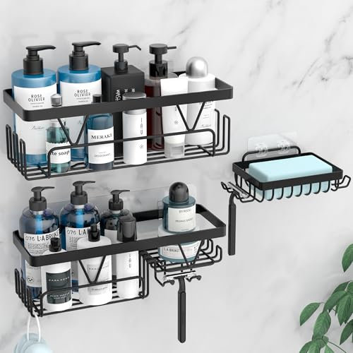 YIGII Duschablage ohne Bohren, 3 Stück Rostfreies Duschregal für Dusche, Wasserdichter Badezimmer Regal Organizer, Schwarzes Wandregal für Badewanne und Dusche, Ablagekorb für Badezimmer