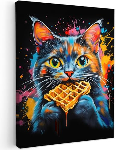 MuchoWow© Impression sur Toile Decoration Murale Peinture 50x70 cm Tableaux Art Décoratif Muraux Décoration Chambre Chat - Graffiti - Coloré - Gaufre - Nourriture