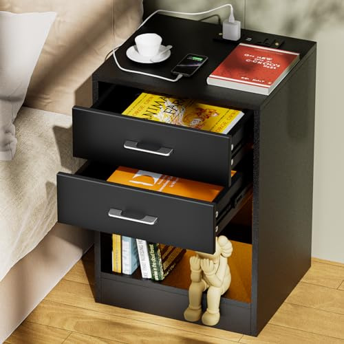 Lvhcmfohm Nachttisch Matt mit Steckdose, Moderner Nachtschrank mit Led, Nachtkästchen, Nachtkommode mit 2 Schubladen für Wohnzimmer (Schwarz, 40x35x60cm)
