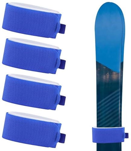 4-Pack Ski Tie Straps - Adjustable Ski Carry Bands with Non-Slip Protective Pads | for Ski/Snowboard/Pole Transport | EVA Padding & Extra-Length Design (Blue)