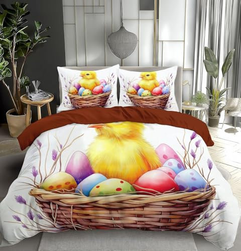 JSCWDET Bettwäsche 155×220Cm+2×80X80Cm,Osterkorb Modern Bettwäsche Set Gelbe Küken Microfaser Einzelbett Wendebettwäsche Bettbezug Und Kissenbezug 80×80Cm Mit Reißverschluss