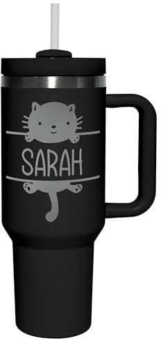 Thermobecher personalisiert mit Gravur „Katze & Wunschname“ - Trinkbecher mit Deckel & Strohhalm 1,2 l / 40oz - Geschenk für Katzenliebhaber Geburtstag Weihnachten - Farbe Black