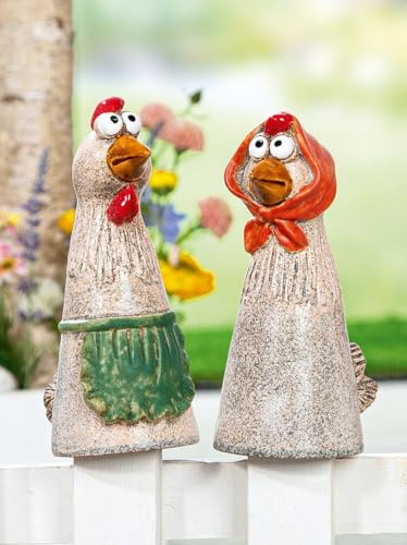 MF Dekorative Garten-Zaunfiguren Hühner, 2er-Set, 21 cm, Keramik-Figuren in Hellbraun mit Grün und Rot