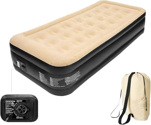 Trendi Inflatable High Raised Air Bed Mattress with Built-in Electric Pump – Single Size Flocked Airbed with Pillow for Camping, Guests, Travel & Home Use