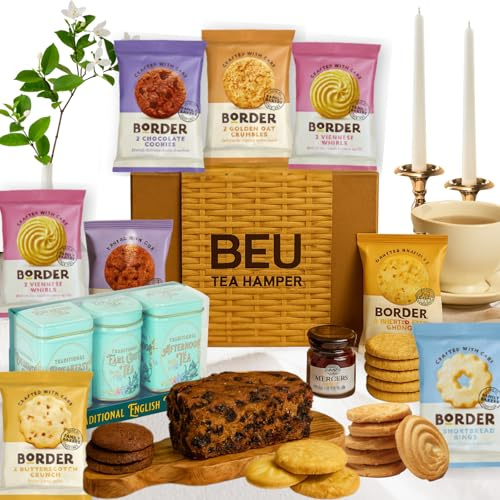 Afternoon Tea Hamper Gift Set – 3x 25g Premium Loose Leaf Tea, Jam, Fruitcake and 8x 2 Pack Biscuits Hamper for Women & Men – Ideal Birthday Hampers, Fathers Day Hamper for Dad