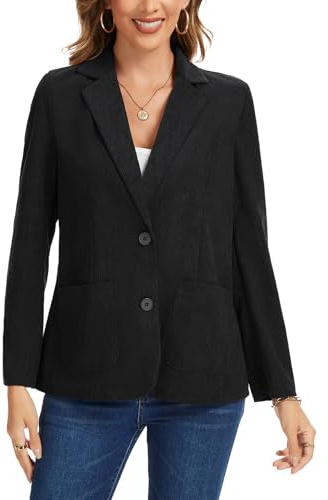 Kyzoeyou Women's Corduroy Blazer Casual Long Sleeve Jacket Notched Collar Office Formal Suits Ladies Two Button Suit Jackets with Pockets(Black Medium)