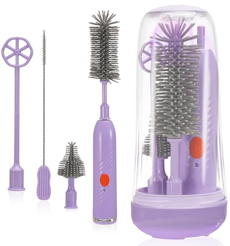 WUIOWPPIC Electric Baby Bottle Brush Set with UV Steriliser,8 in 1 | Electric Bottle Cleaner Set Waterproof Silicone Baby Bottle Brush Portable Bottle Brushes for Cleaning with Nipple Brush,Rack