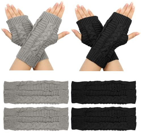 VEGCOO 2 Paar Halb Fingerlose Handschuhe, Weicher Strick Handschuhe Ohne Finger, Winter Damen Fingerlose Handschuhe, Gestrickte kurze halbfingerlose Fäustlinge, Pulswärmer Damen (Schwarz, Grau)