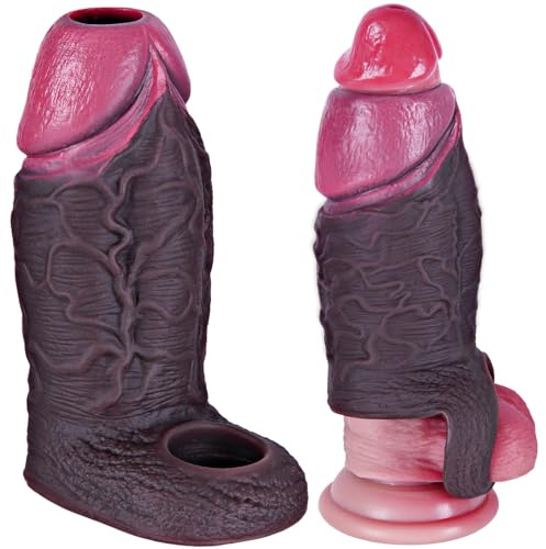 Agrandador de pene realista negro, funda de silicona ultrarrealista y suave con abertura para el glande, extensión masculina con anillo, reutilizable, juguete para parejas, retardo de la eyaculación