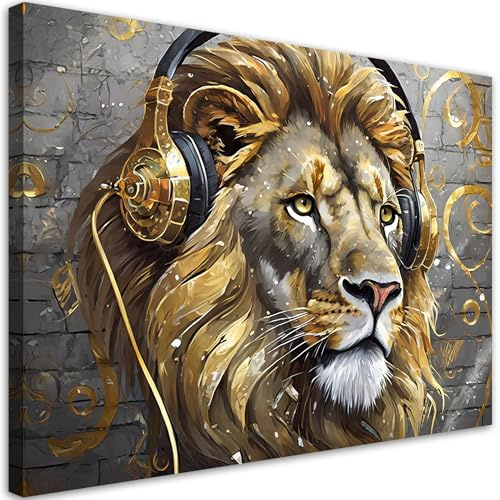 Feeby Leinwand Bilder - Musik Löwe Tiere - Canvas 100x70 cm - Deko Wohnzimmer - Wandbilder Schlafzimmer - Deko Aesthetic - Wand Deko - Leinwand Groß - Deko Zimmer - Leinwandbilder XXL
