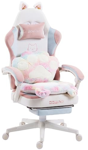 Dowinx Gaming Stuhl Ergonomisch mit Fußstütze, Katzenpfoten Gaming Chair aus Stoff, Flügelloses Sitzdesign, Verstellbarer Gamer Stuhl & PC Stuhl, Gaming Stuhl pink Katze, für Erwachsene,Farbe Weiß