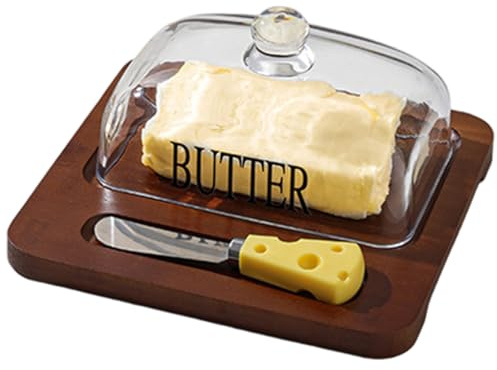 Mantequera con tapa recipiente de madera para mantequilla con cubierta de vidrio transparente y cuchillo recipiente multifuncional para queso para encimera de cocina n