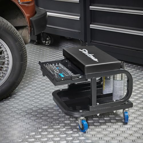 Datona Rollhocker Werkstatthocker mit Rollen und Schublade - Gepolsterter Arbeitshocker 5 cm Sitzpolster - Ablagefach für Werkzeug Schrauben Muttern - Mobil & Robust
