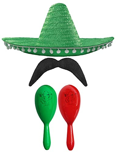 MEXIKANSK FANCY TRÄDGÅRDSTILLBEHÖRSSET - MEXIKAN SOMBRERO MED MARACAS OCH TASH - (Grön POM POM POM SOMBRERO + grön och röd MARACAS)