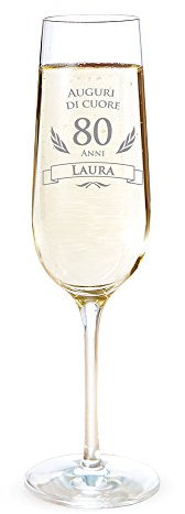 AMAVEL Flute con Incisione per gli 80 Anni, Auguri di Cuore, Personalizzato con Nome, Bicchieri da Spumante in Vetro, Calici Champagne, Accessori Decorativi Cucina, Idee Regalo Originali