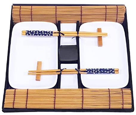 EXZACT Sushi Plate Set 10pcs - 2 x Sushi Plates, 2 x Dip Bowls, 2 x Bamboo Placemats, 2 x Bamboo Chopsticks Rests, 2 Pairs of Chopsticks – Highquality Porcelain -Gift Box