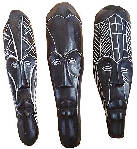 NOVARENA African Art Cameroon Gabon Fang Wall Masks and Sculptures - Africa Home Mask Decor (3 Pc Black 12 Inch Fang Mask)