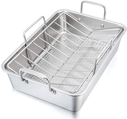 P&P CHEF 16 Roaster Roasting Pan with Baking Rack and V-shaped Rack, Stainless Steel Rectangular Lasagna Pan with Handles for Turkey Chicken, Healthy & Dishwasher Safe, 3 Pieces, Silver