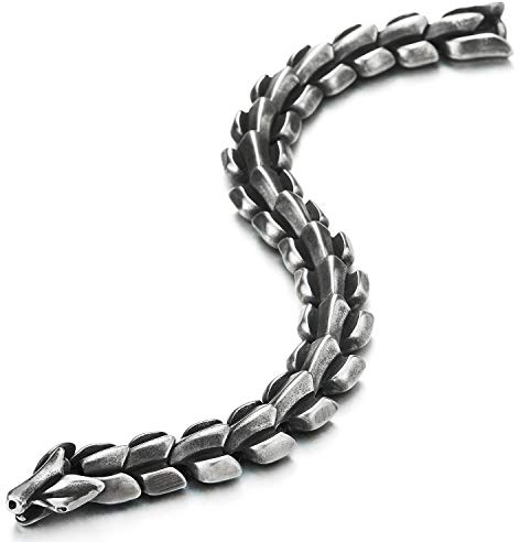 COOLSTEELANDBEYOND Biker Punk Vintage Gealtertes Metall Edelstahl Link der Drachen Schuppe Herrenarmband Edelstahl-Armband