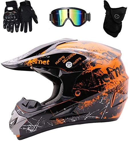 WEITY Motocross Helm, Vollvisierhelm Quad Absturz ECE Downhill Dirt Bike MX ATV Erwachsener Motorradhelm Handschuhe, Schutzbrille, Maske 4-teiliges Set, orange (XL)