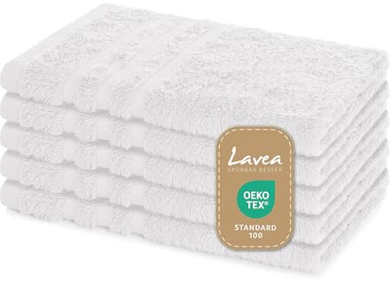Lavea® 5 Asciugamani Ospite 30x50 cm in Spugna di Cotone 100% Morbidi e Assorbenti, per Casa Hotel Spa – Ideali anche come Asciugamani Bagno Viso e Bidet – Bianco