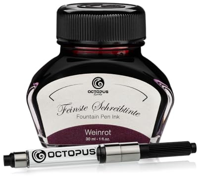 Octopus Fluids Füllhaltertinte im Tintenglas inklusive Konverter, Schreibtinte für Füllhalter, Füllertinte in Weinrot 30ml mit Tintenkonverter