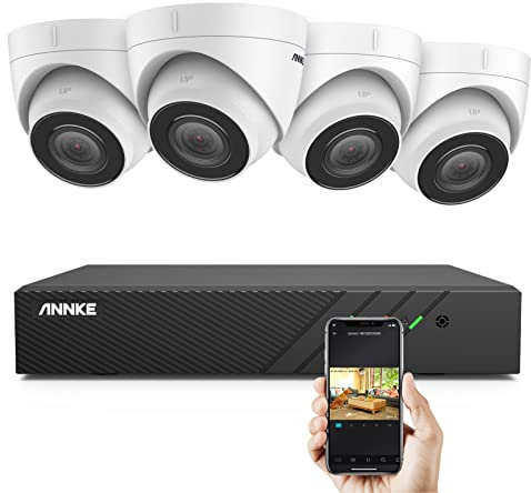 ANNKE H500 Kit de caméras de surveillance PoE 5 MP 6 MP 8 CH NVR + 4 x 5 MP PoE IP avec vision nocturne EXIR, H.265 + enregistrement vidéo, compatible avec Alexa, étanchéité IP67, enregistrement audio