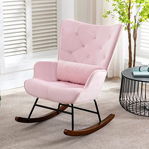 HomeMiYN Mecedora escandinava de Terciopelo con Estructura de Metal y Base de Madera, sillón Acolchado para salón, Estilo Retro, Silla de Relax para salón, Dormitorio o habitación Infantil (Rosa)