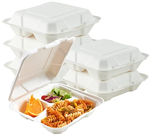 ECOLipak 50 Pack Clamshell Take Out Food Containers, 100% Compostable Disposable To Go Containers, 8X8 inch 3-Compartment Heavy-Duty To Go Boxes