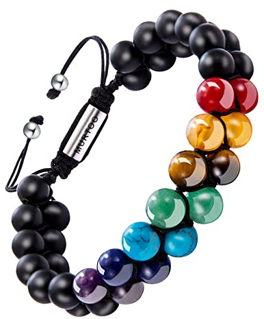 Murtoo 7 Chakra Perlenarmband für Herren - Lavastein Armband (Onyx, 7 Chakra, 8mm)