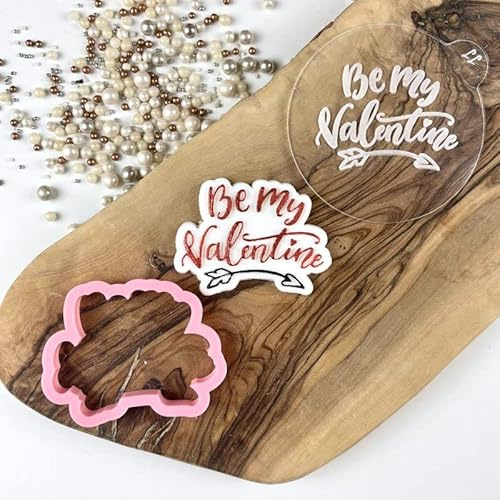 LissieLou Mini Be My Valentine Valentine's Cookie Cutter and Embosser Icing Stamp Fondant Embosser Valentine's Theme - Light Pink/Clear