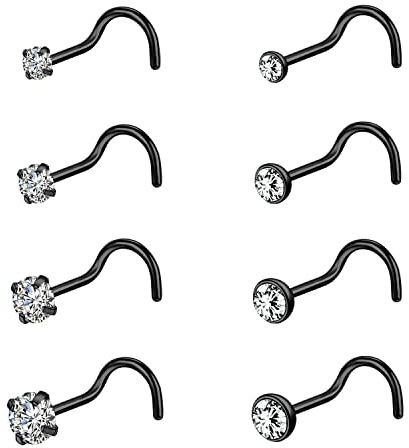 AccGin 6-10Pcs 18G 20G Nose Ring Surgical Steel Nose Rings Studs Piercing For Women Men 1.5mm 2mm 2.5mm 3mm Round Diamond CZ L Shaped Corkscrew Gold Black Silver Nose Piercing Hypoallergenic