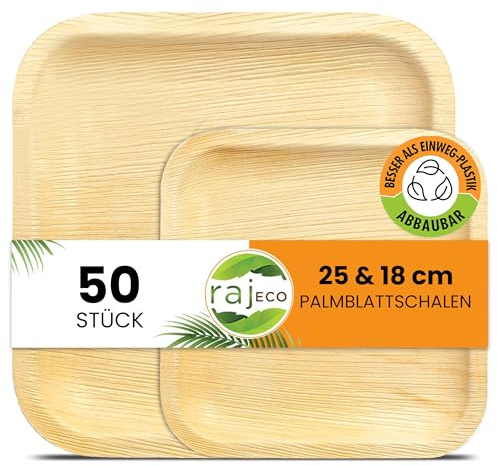 Raj Palm Leaf Plates Disposable Bamboo Plates 10 Inch & 7 Inch Square Bulk Party Pack (50 Pc) Compostable and Biodegradable - Better than Plastic & Paper Plate for Lunch, Birthday, Camping