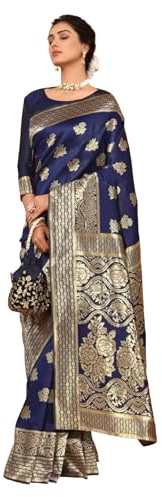 Sugathari Sari Banarasi para mujer, de seda Kanjivaram pura, suave, diseño 2023, sari Pattu, última colección de sari de algodón para fiesta, con blusa para boda sadi (PARI 63 NEW WINE), Azul Marino,